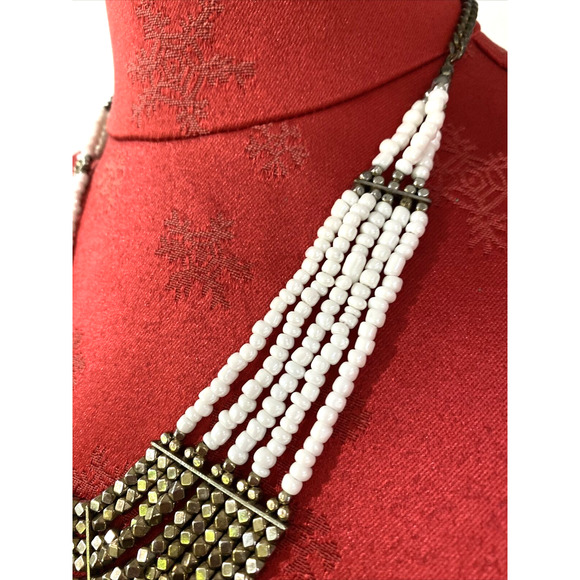 Beaded Multi Strand Bib Statement Necklace Boho White Faux Pearls Gold Metallic - Picture 3 of 7